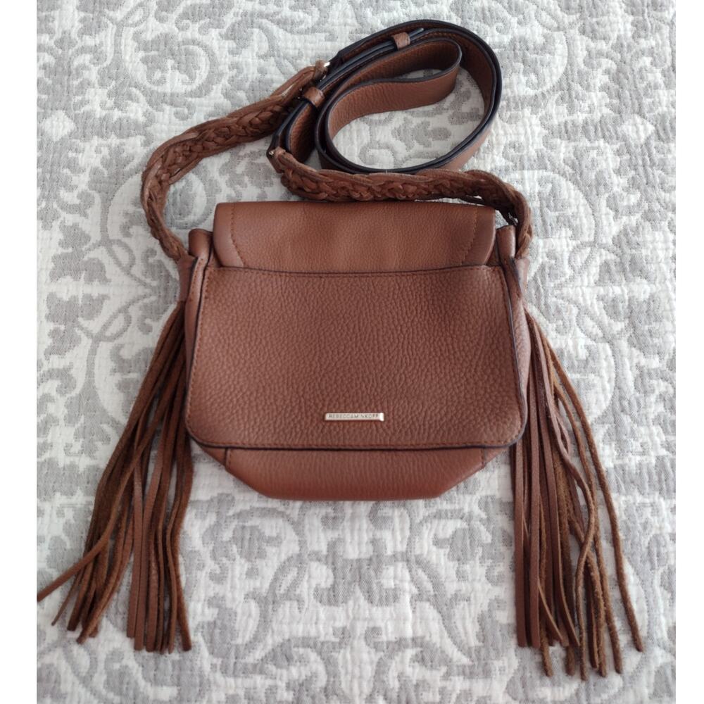 Rebecca Minkoff Brown Pebble Leather Braided Strap Fringe Crossbody Purse Bag